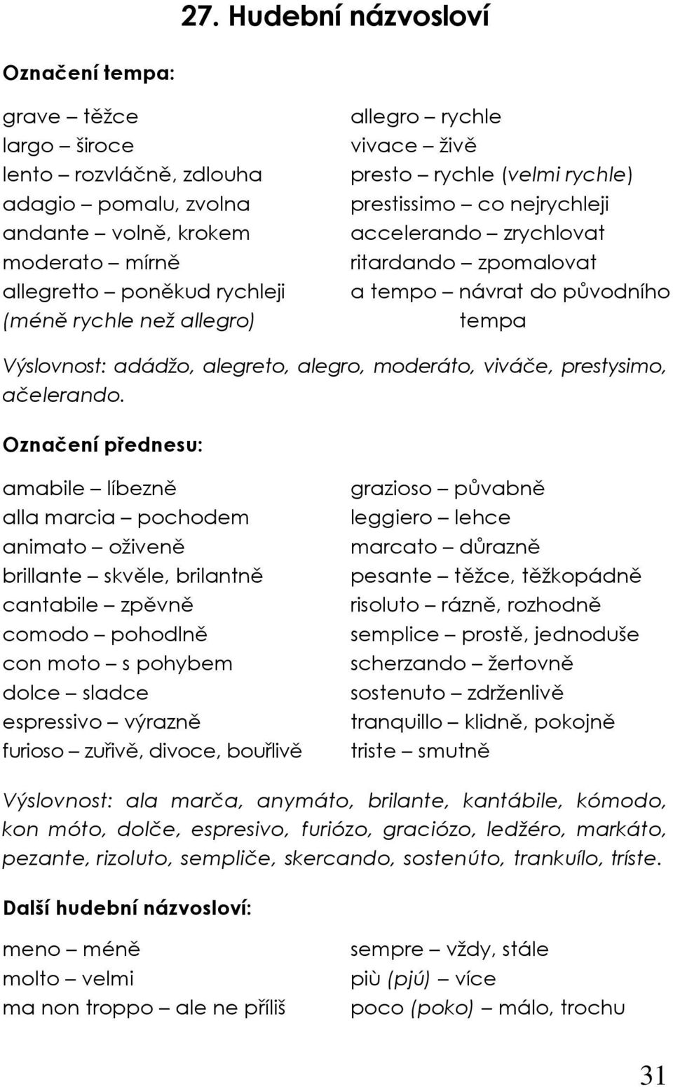 alegreto, alegro, moderáto, viváče, prestysimo, ačelerando.