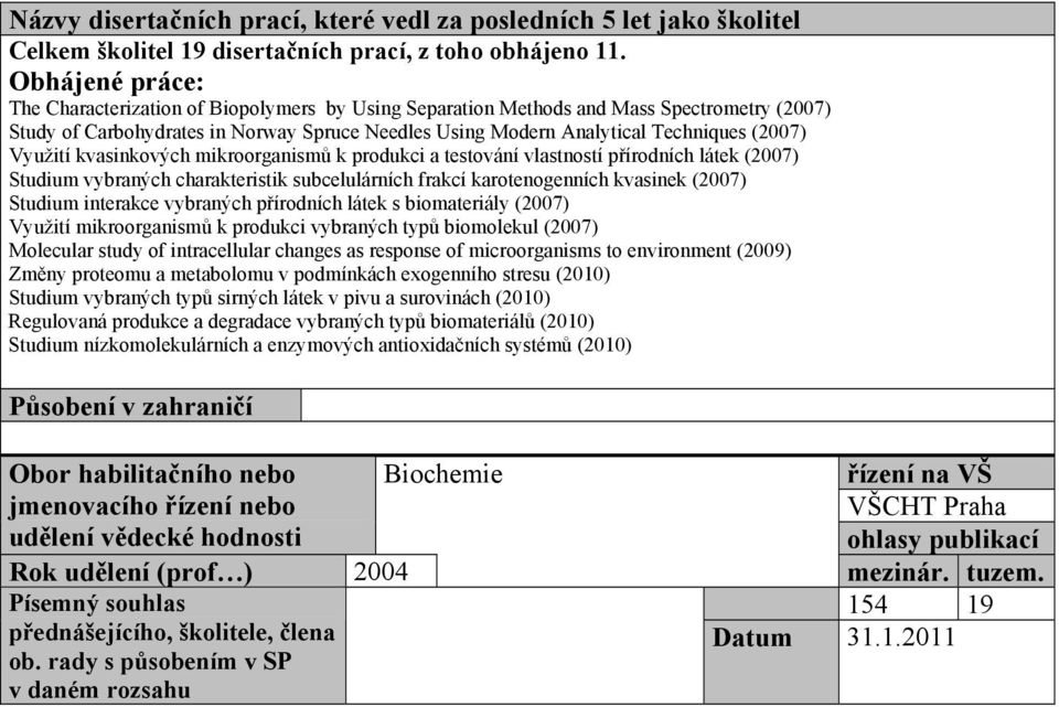 Využití kvasinkových mikroorganismů k produkci a testování vlastností přírodních látek (2007) Studium vybraných charakteristik subcelulárních frakcí karotenogenních kvasinek (2007) Studium interakce