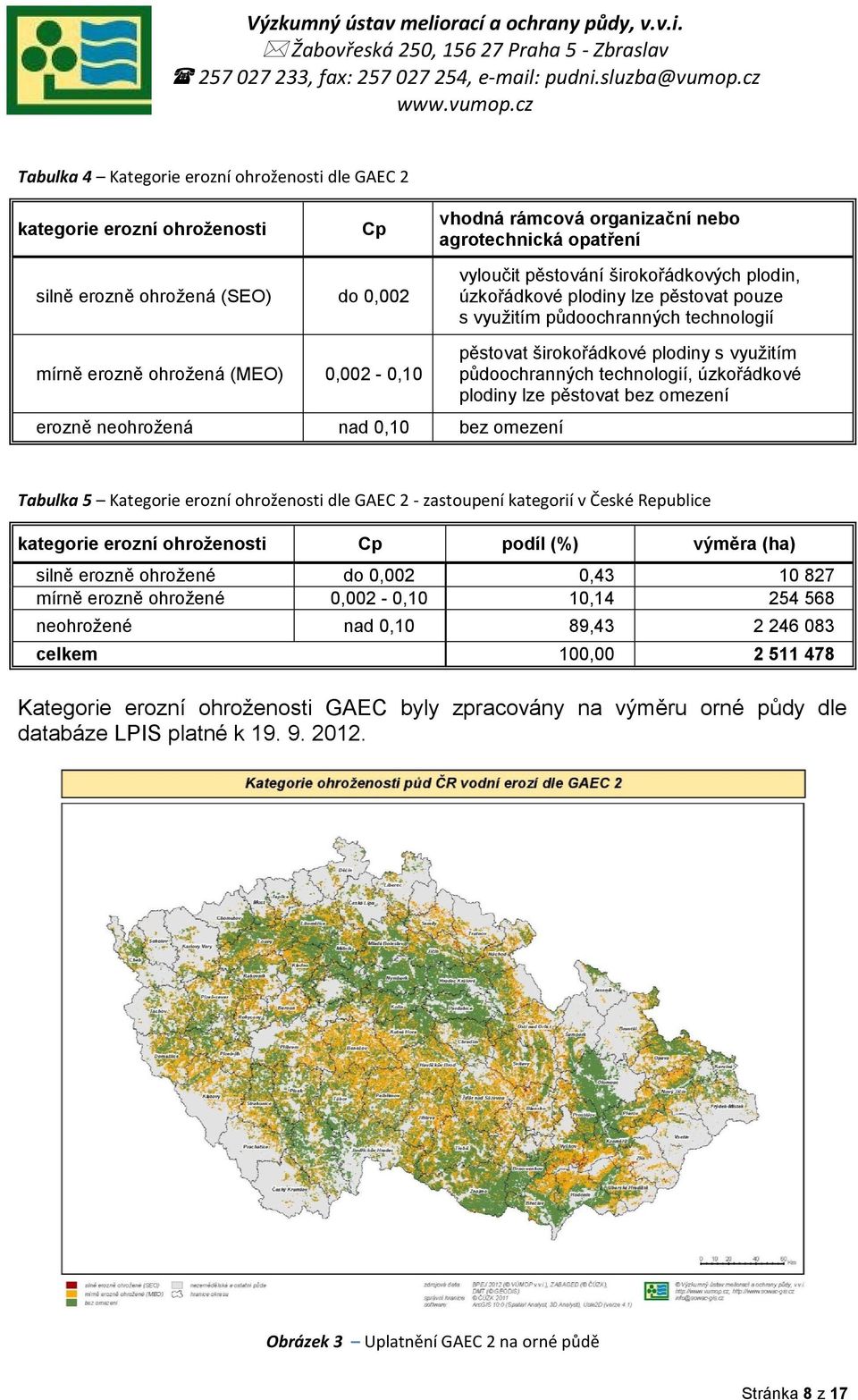 technologií, úzkořádkové plodiny lze pěstovat bez omezení erozně neohrožená nad 0,10 bez omezení Tabulka 5 Kategorie erozní ohroženosti dle GAEC 2 - zastoupení kategorií v České Republice kategorie