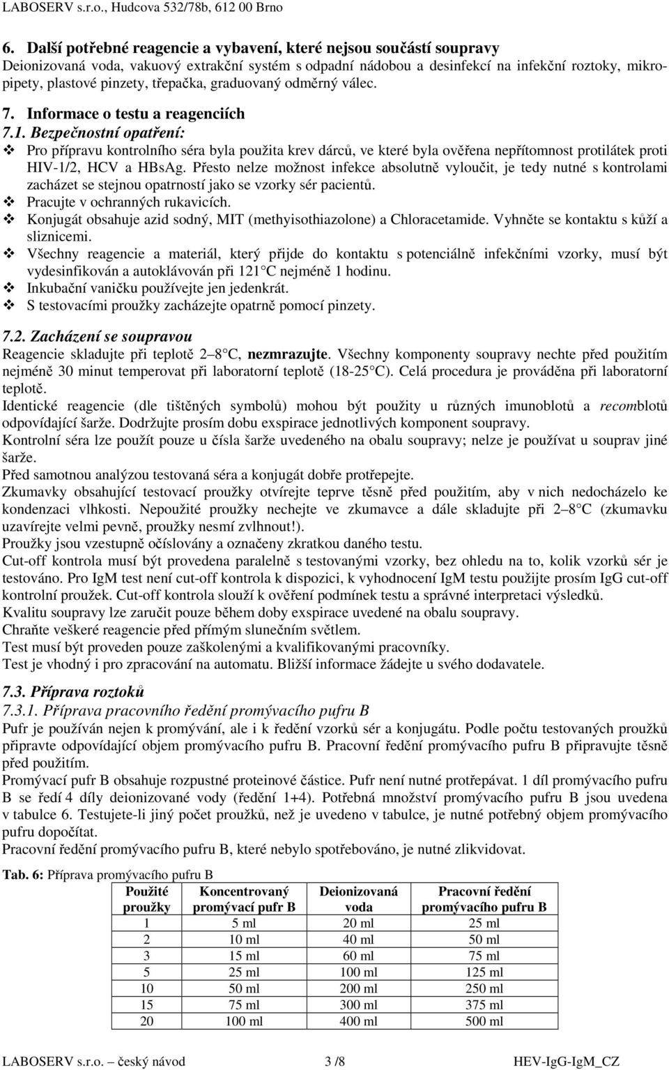 Bezpečnostní opatření: Pro přípravu kontrolního séra byla použita krev dárců, ve které byla ověřena nepřítomnost protilátek proti HIV-1/2, HCV a HBsAg.