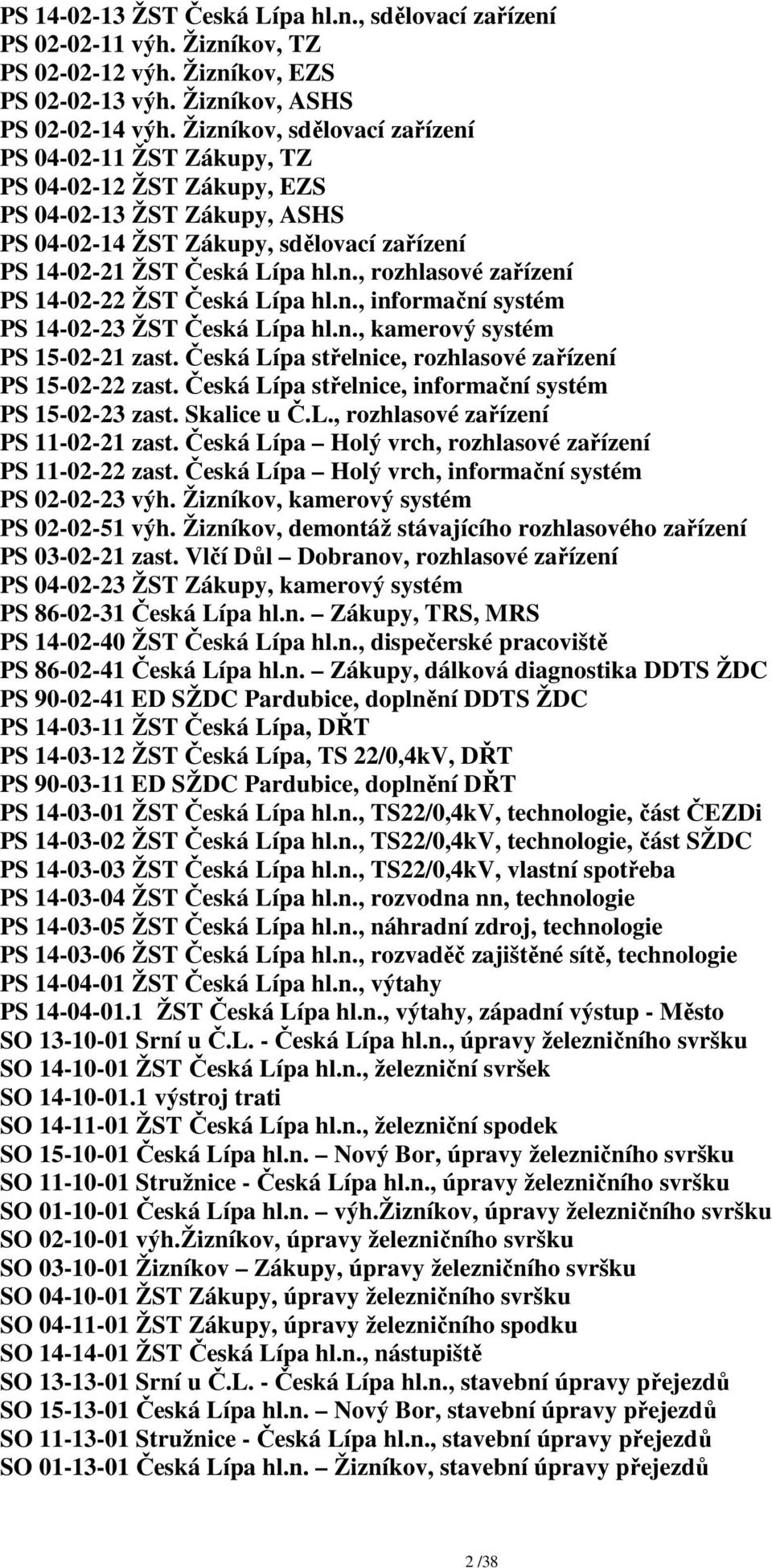 n., informační systém PS 14-02-23 ŽST Česká Lípa hl.n., kamerový systém PS 15-02-21 zast. Česká Lípa střelnice, rozhlasové zařízení PS 15-02-22 zast.