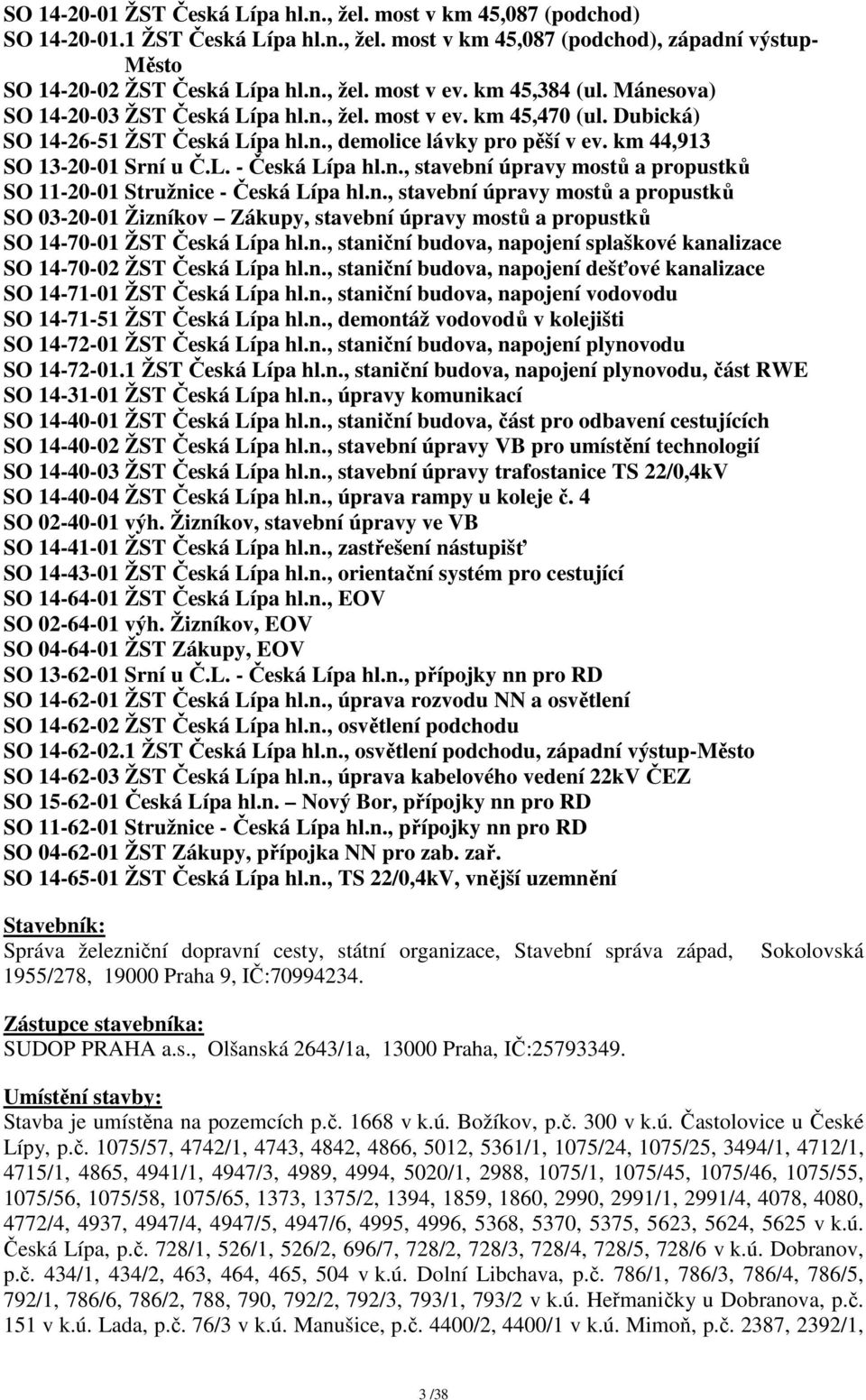 n., stavební úpravy mostů a propustků SO 11-20-01 Stružnice - Česká Lípa hl.n., stavební úpravy mostů a propustků SO 03-20-01 Žizníkov Zákupy, stavební úpravy mostů a propustků SO 14-70-01 ŽST Česká Lípa hl.