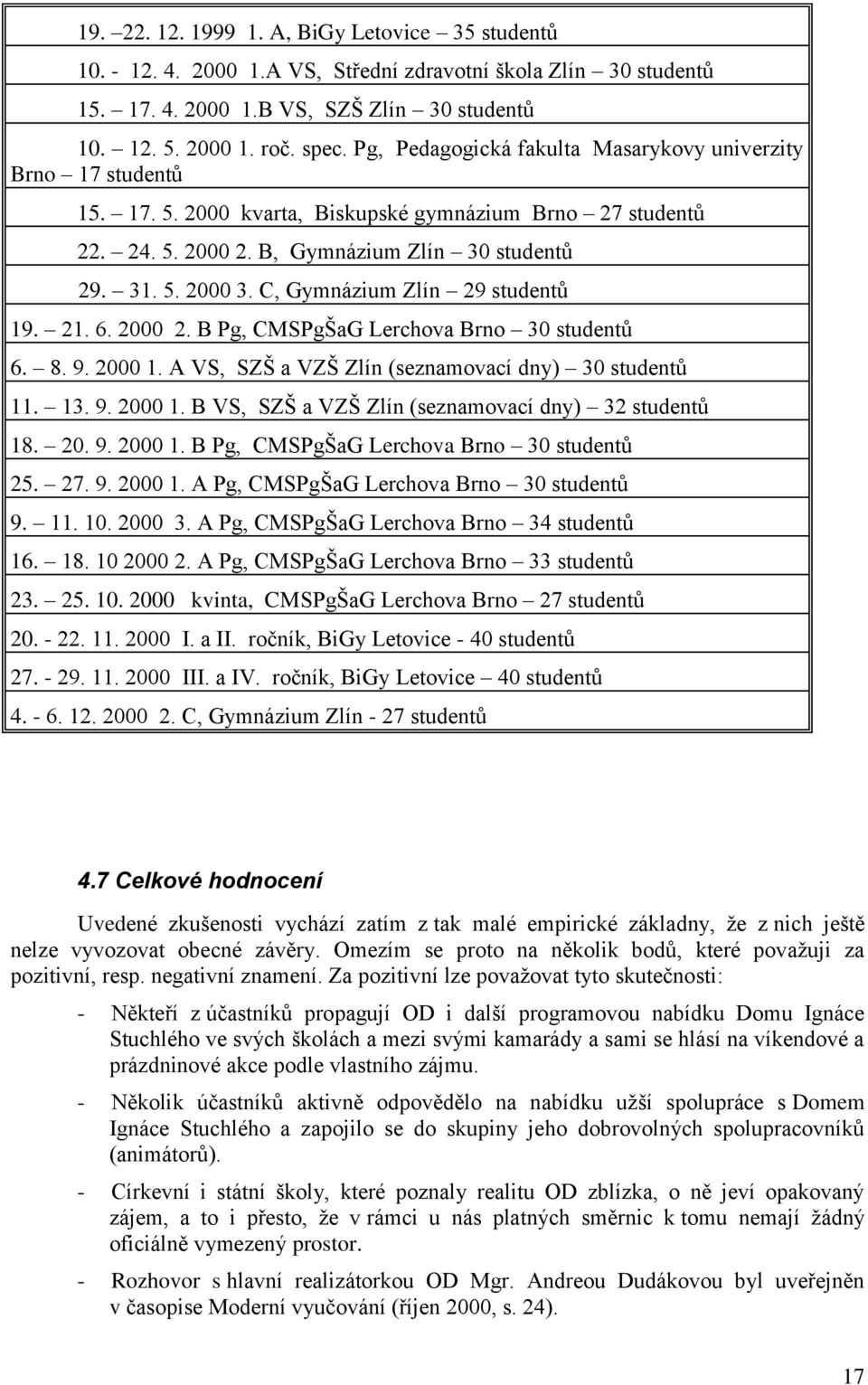 C, Gymnázium Zlín 29 studentů 19. 21. 6. 2000 2. B Pg, CMSPgŠaG Lerchova Brno 30 studentů 6. 8. 9. 2000 1. A VS, SZŠ a VZŠ Zlín (seznamovací dny) 30 studentů 11. 13. 9. 2000 1. B VS, SZŠ a VZŠ Zlín (seznamovací dny) 32 studentů 18.