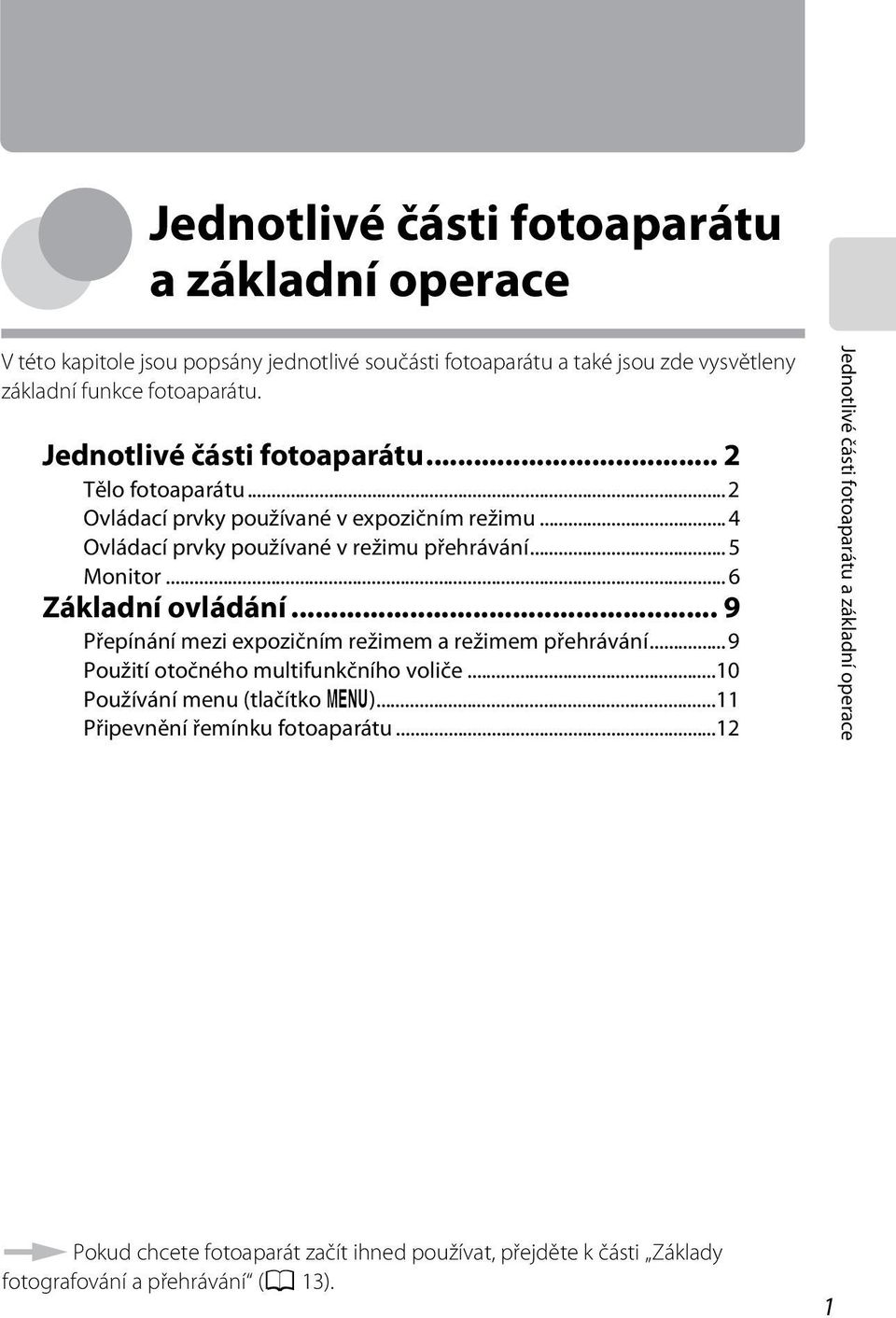 ..6 Základní ovládání... 9 Přepínání mezi expozičním režimem a režimem přehrávání...9 Použití otočného multifunkčního voliče...10 Používání menu (tlačítko d).