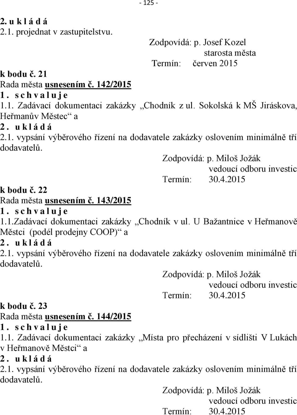 Miloš Jožák vedoucí odboru investic k bodu č. 22 Rada města usnesením č. 143/2015 1. s c h v a l u j e 1.1.Zadávací dokumentaci zakázky Chodník v ul.