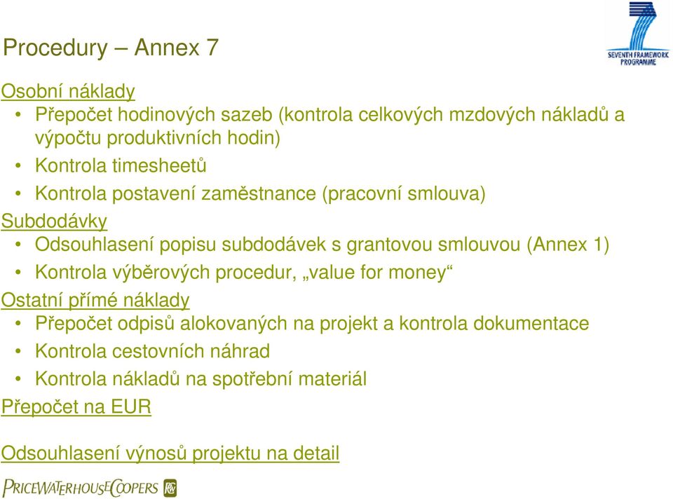 smlouvou (Annex 1) Kontrola výběrových procedur, value for money Ostatní přímé náklady Přepočet odpisů alokovaných na projekt a