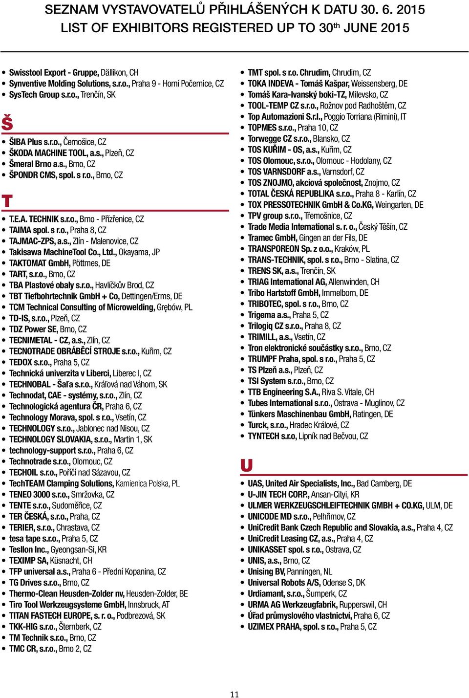, Okayama, JP TAKTOMAT GmbH, Pöttmes, DE TART, s.r.o., Brno, CZ TBA Plastové obaly s.r.o., Havlíčkův Brod, CZ TBT Tiefbohrtechnik GmbH + Co, Dettingen/Erms, DE TCM Technical Consulting of Microwelding, Grębów, PL TD-IS, s.
