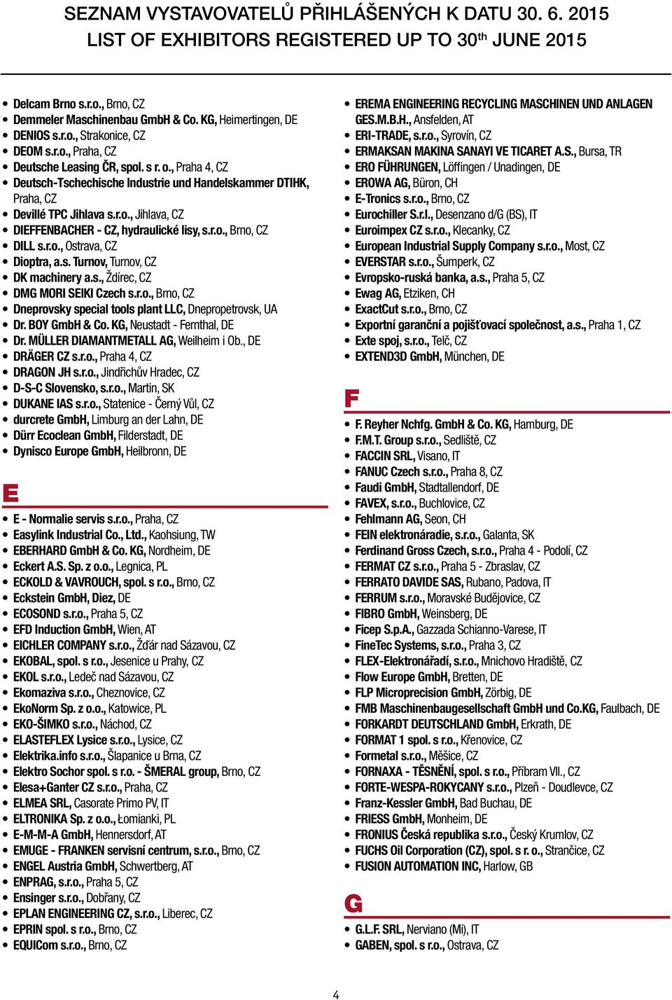 s. Turnov, Turnov, CZ DK machinery a.s., Ždírec, CZ DMG MORI SEIKI Czech s.r.o., Brno, CZ Dneprovsky special tools plant LLC, Dnepropetrovsk, UA Dr. BOY GmbH & Co. KG, Neustadt - Fernthal, DE Dr.