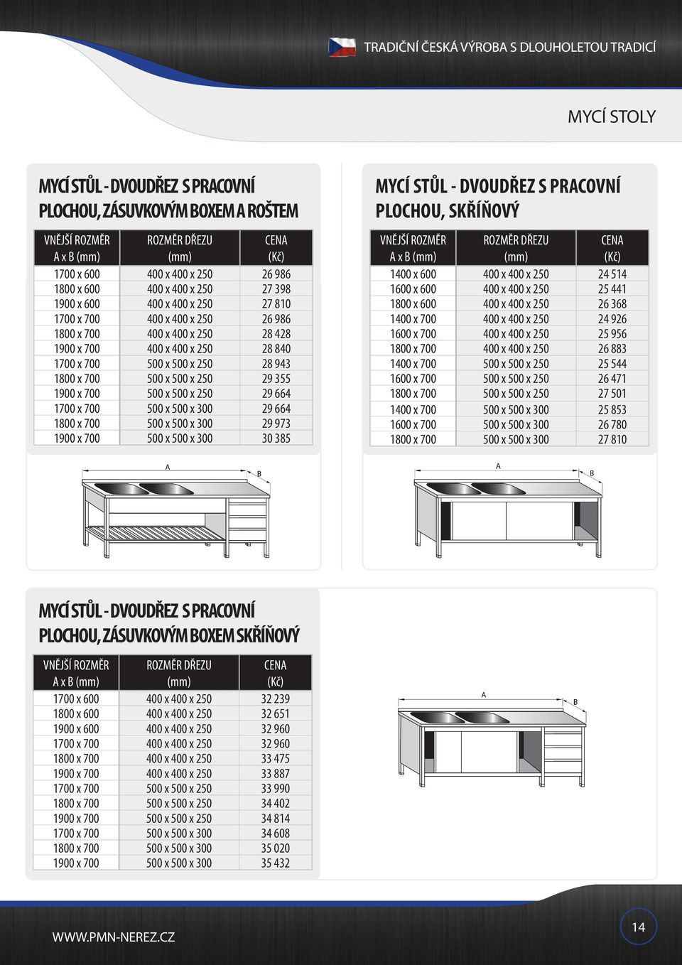 355 1900 x 700 500 x 500 x 250 29 664 1700 x 700 500 x 500 x 300 29 664 1800 x 700 500 x 500 x 300 29 973 1900 x 700 500 x 500 x 300 30 385 MYCÍ STŮL - DVOUDŘEZ S PRACOVNÍ PLOCHOU, SKŘÍŇOVÝ A x B