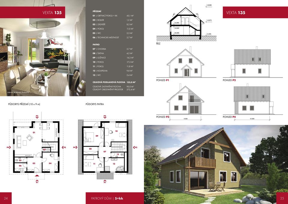 M 2 09 LOŽNICE 14,2 M 2 10 POKOJ 17,3 M 2 11 POKOJ 11,8 M 2 12 KOUPELNA 9,8 M 2 13 WC 2,4 M 2 135,0 M 2 interiér