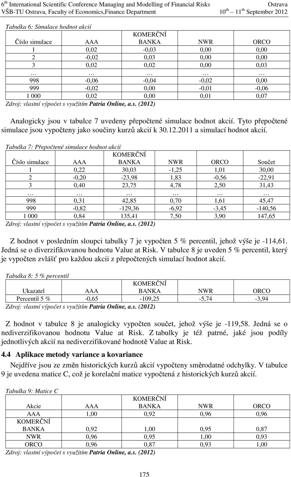 Tabulka 7: Přepočtené simulace hodnot akcií Číslo simulace Součet 1 0,22 30,03-1,25 1,01 30,00 2-0,20-23,98 1,83-0,56-22,91 3 0,40 23,75 4,78 2,50 31,43 998 0,31 42,85 0,70 1,61 45,47