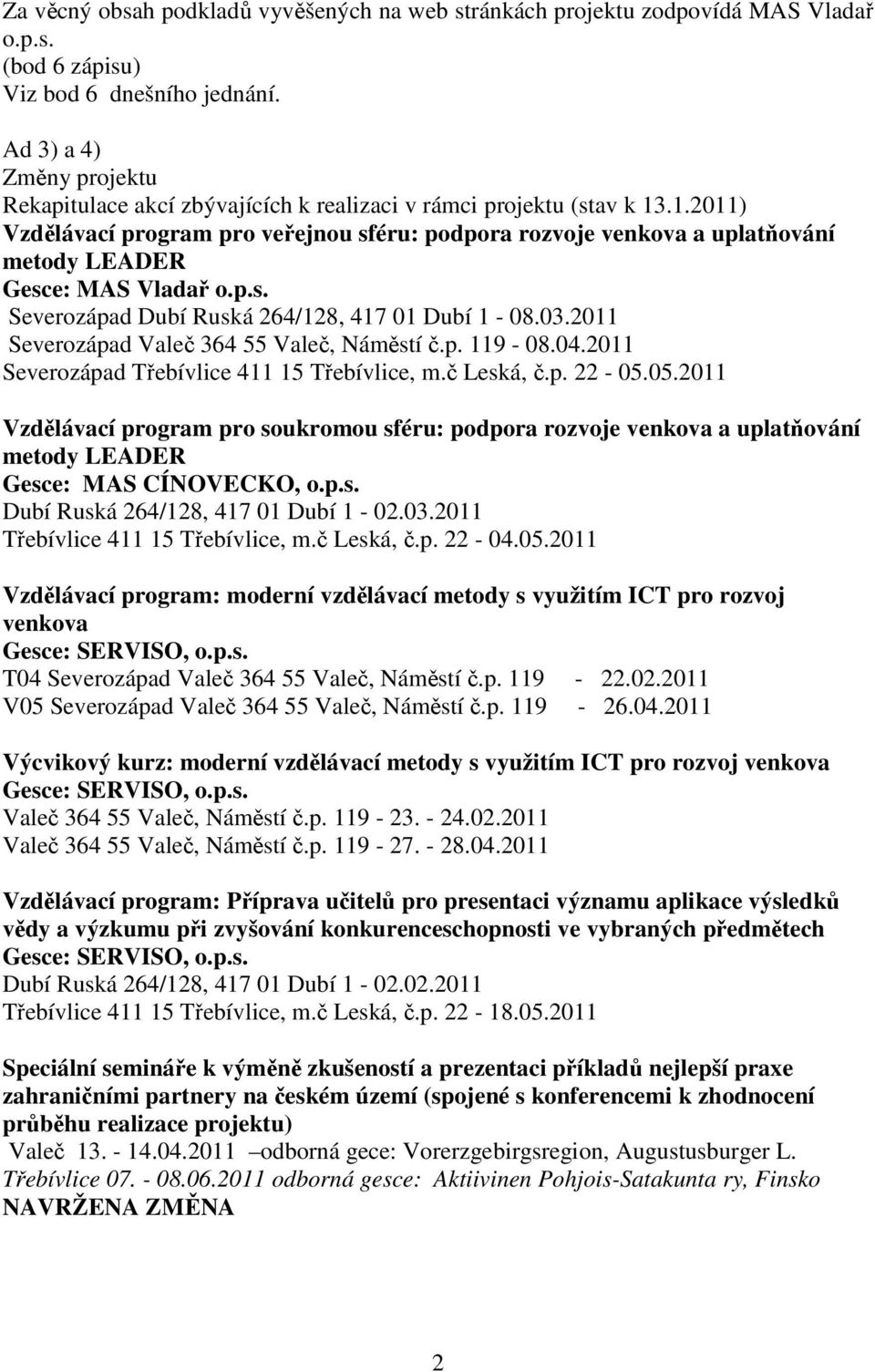 .1.2011) Vzdělávací program pro veřejnou sféru: podpora rozvoje venkova a uplatňování metody LEADER Gesce: MAS Vladař o.p.s. Severozápad Dubí Ruská 264/128, 417 01 Dubí 1-08.03.