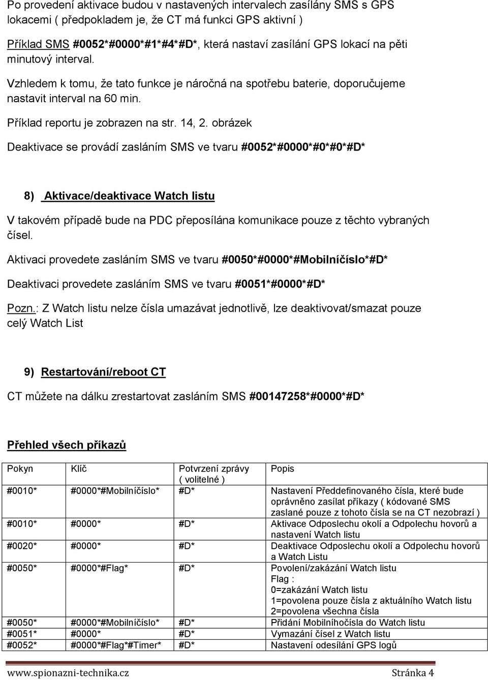 obrázek Deaktivace se provádí zasláním SMS ve tvaru #0052*#0000*#0*#0*#D* 8) Aktivace/deaktivace Watch listu V takovém případě bude na PDC přeposílána komunikace pouze z těchto vybraných čísel.