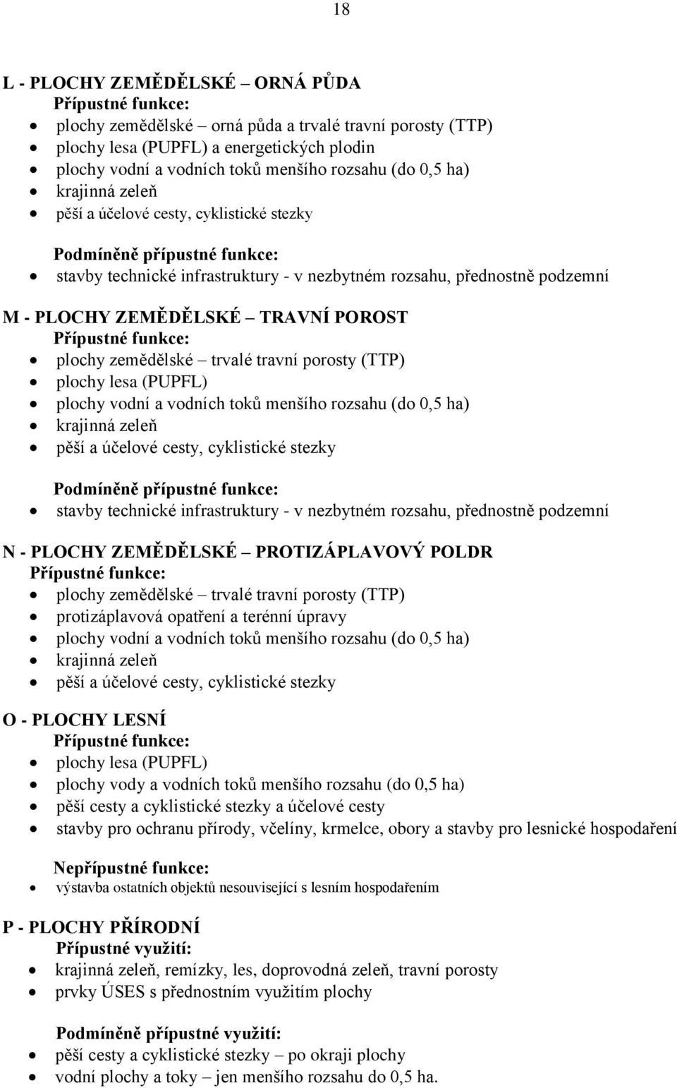 POROST Přípustné funkce: plochy zemědělské trvalé travní porosty (TTP) plochy lesa (PUPFL) plochy vodní a vodních toků menšího rozsahu (do 0,5 ha) krajinná zeleň pěší a účelové cesty, cyklistické