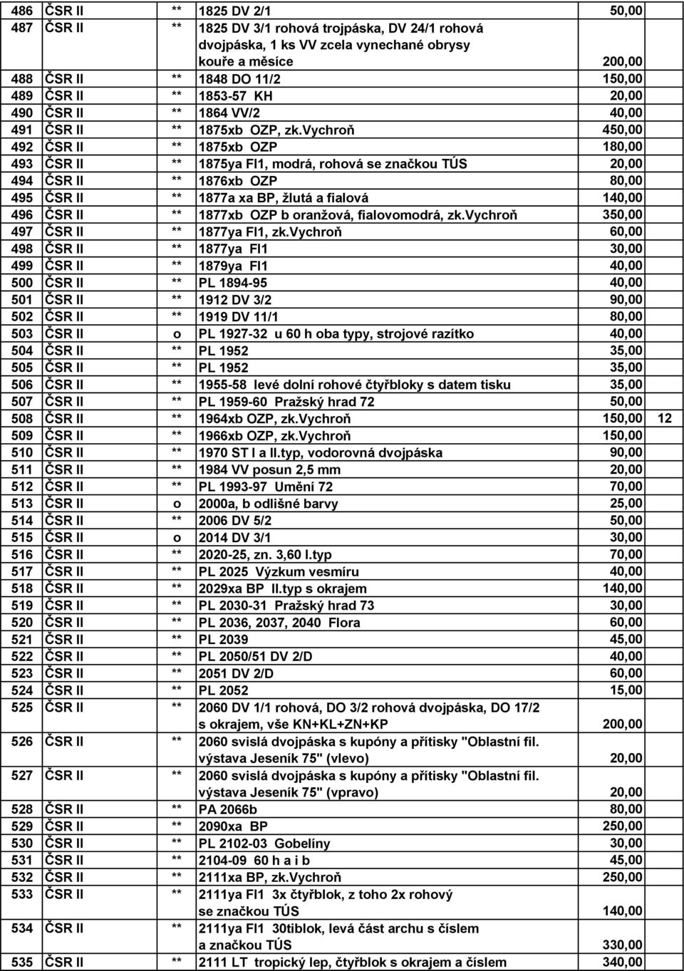 vychroň 450,00 492 ČSR II ** 1875xb OZP 180,00 493 ČSR II ** 1875ya Fl1, modrá, rohová se značkou TÚS 20,00 494 ČSR II ** 1876xb OZP 80,00 495 ČSR II ** 1877a xa BP, žlutá a fialová 140,00 496 ČSR II