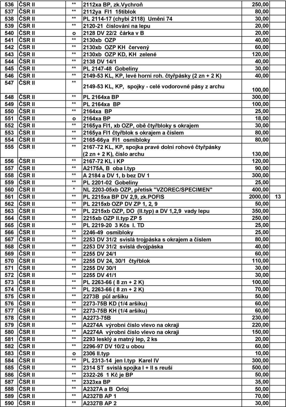 ČSR II ** 2130xb OZP 40,00 542 ČSR II ** 2130xb OZP KH červený 60,00 543 ČSR II ** 2130xb OZP KD, KH zelené 120,00 544 ČSR II ** 2138 DV 14/1 40,00 545 ČSR II ** PL 2147-48 Gobelíny 30,00 546 ČSR II