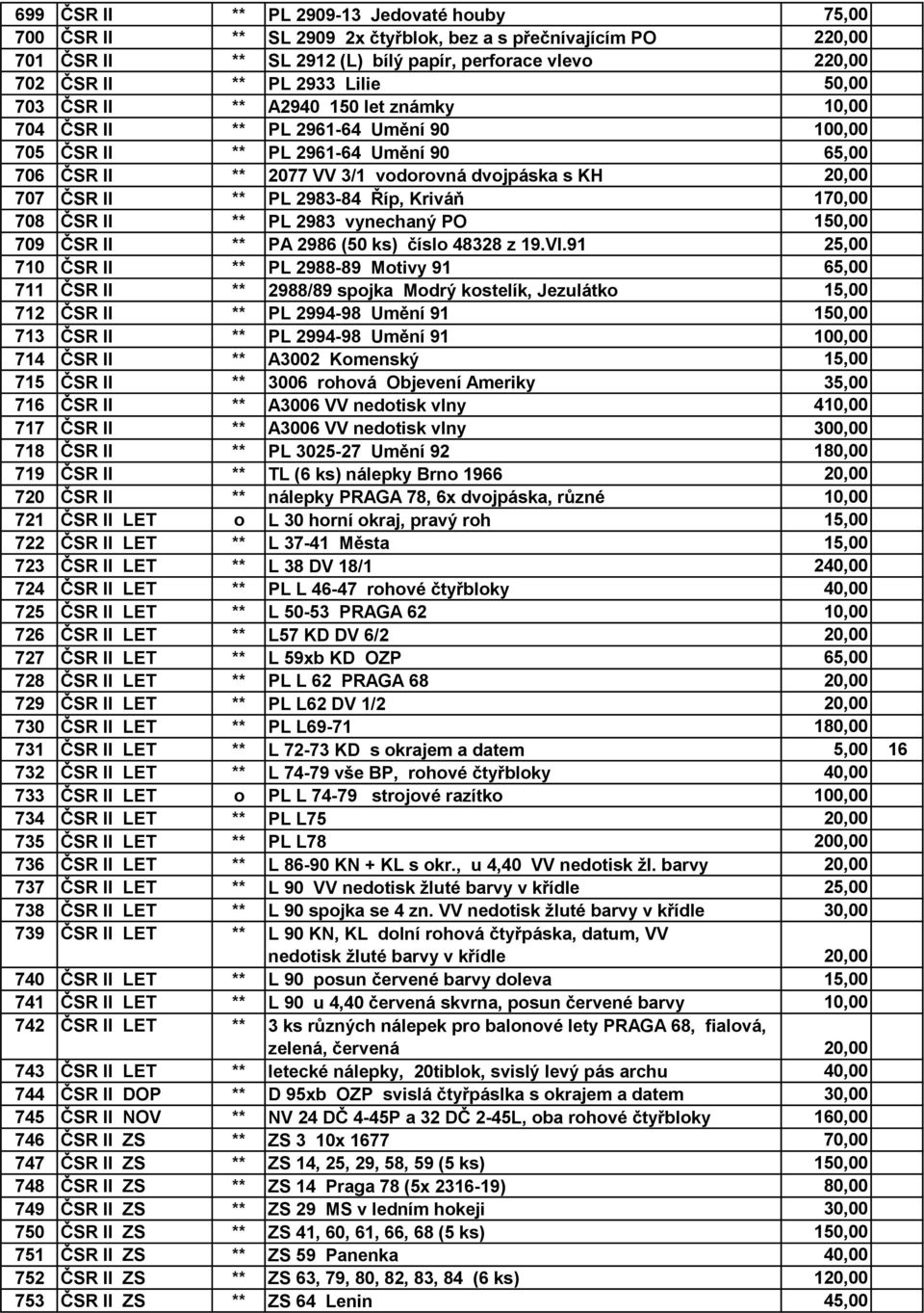 II ** PL 2983-84 Říp, Kriváň 170,00 708 ČSR II ** PL 2983 vynechaný PO 150,00 709 ČSR II ** PA 2986 (50 ks) číslo 48328 z 19.VI.