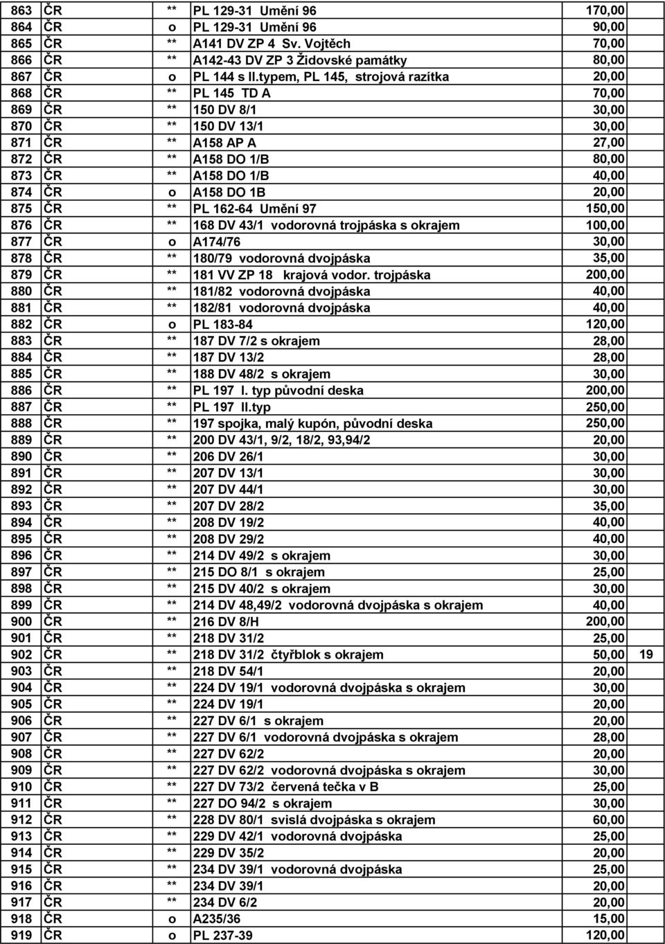 40,00 874 ČR o A158 DO 1B 20,00 875 ČR ** PL 162-64 Umění 97 150,00 876 ČR ** 168 DV 43/1 vodorovná trojpáska s okrajem 100,00 877 ČR o A174/76 30,00 878 ČR ** 180/79 vodorovná dvojpáska 35,00 879 ČR