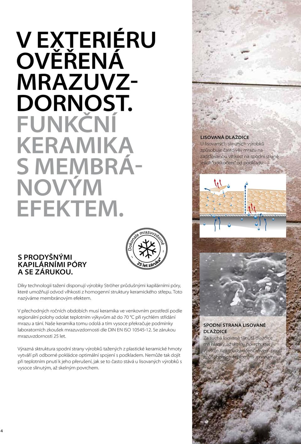 Díky technologii tažení disponují výrobky Ströher průdušnými kapilárními póry, které umožňují odvod vlhkosti z homogenní struktury keramického střepu. Toto nazýváme membránovým efektem.