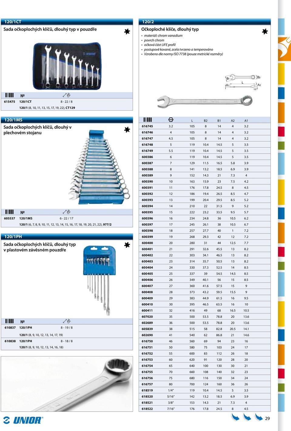 120/1PH Sada očkoplochých klíčů, dlouhý typ v plastovém závěsném pouzdře 610837 120/1PH 8-19 / 8 120/1 (8, 9, 10, 12, 13, 14, 17, 19) 610838 120/1PH 8-18 / 8 120/1 (8, 9, 10, 12, 13, 14, 16, 18) L B2