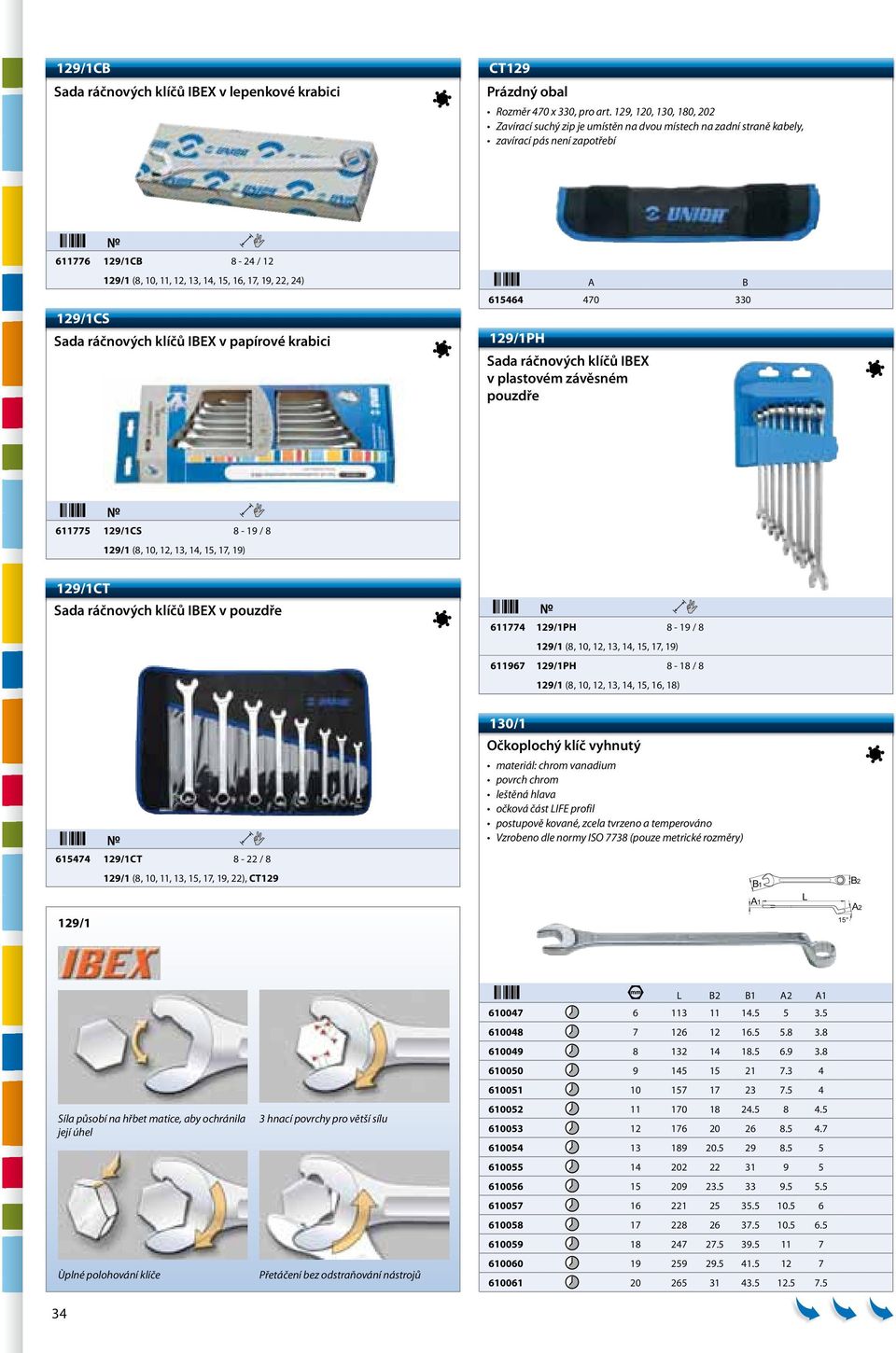 19, 22, 24) Sada ráčnových klíčů IBEX v papírové krabici A 615464 470 330 129/1PH Sada ráčnových klíčů IBEX v plastovém závěsném pouzdře B 611775 129/1CS 8-19 / 8 129/1 (8, 10, 12, 13, 14, 15, 17,