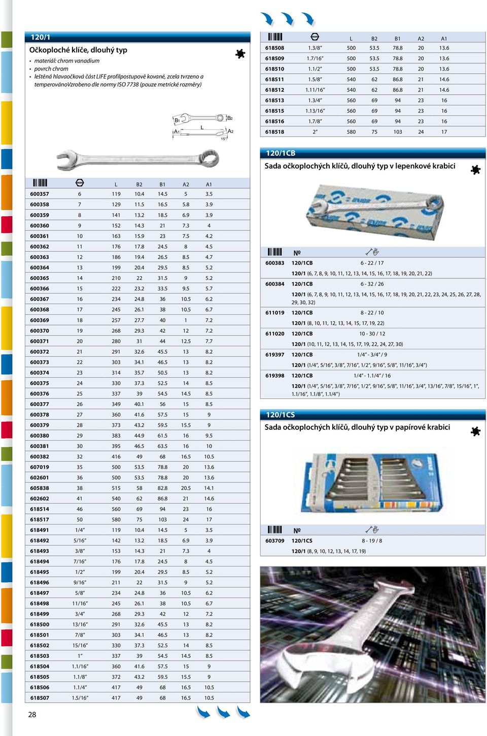 3/4 560 69 94 23 16 618515 1.13/16 560 69 94 23 16 618516 1.7/8 560 69 94 23 16 618518 2 580 75 103 24 17 120/1CB Sada očkoplochých klíčů, dlouhý typ v lepenkové krabici L B2 B1 A2 A1 600357 6 119 10.