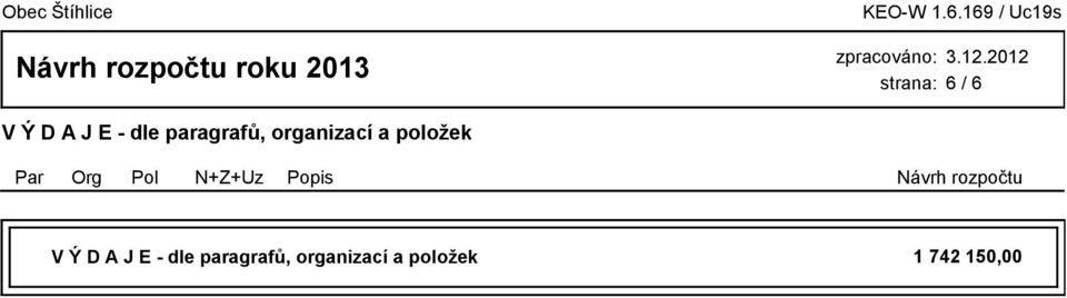 2012 strana: 6 / 6 V Ý D A J E - dle paragrafů, organizací a