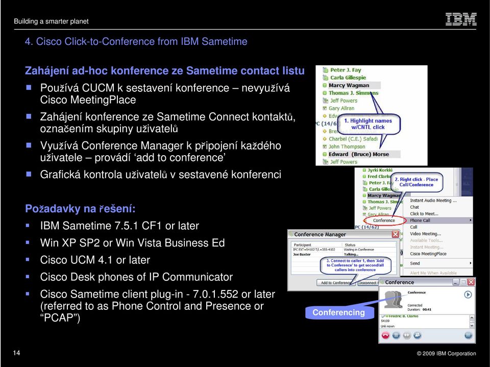 to conference Grafická kontrola uživatelů v sestavené konferenci Požadavky na řešení: IBM Sametime 7.5.