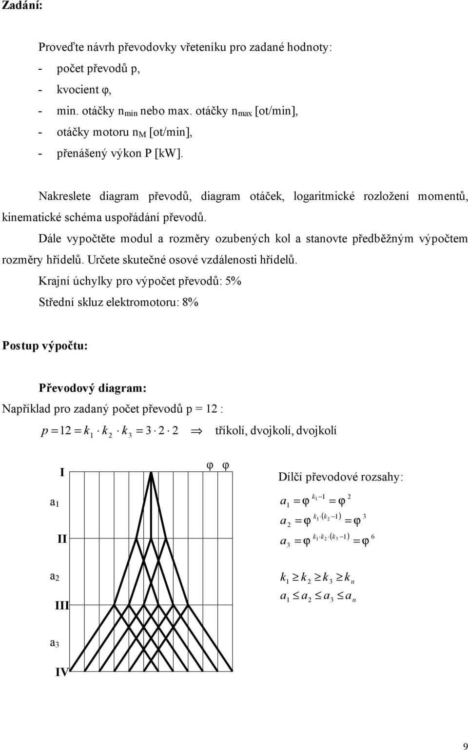 Nakeslete diagam převodů, diagam otáček, logaitmické oložeí mometů, kiematické schéma uspořádáí převodů.