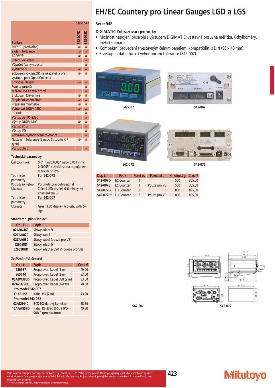 Výstup dat RS-232C Výstup DIGIMATIC Výstup BCD Výstup I/O Zobrazení vyhodnocení tolerance Nastavení tolerance (3 nebo 5 stupňů X 7 typů) Výstup chyb 542-007D 542-072D EH/EC Countery pro Linear Gauges