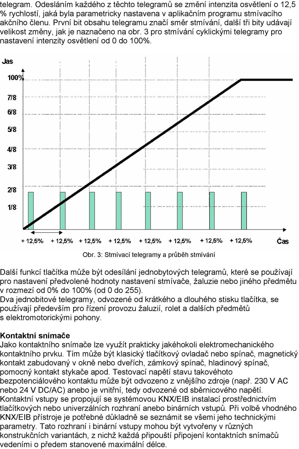 3: Stmívací telegramy a průběh stmívání Další funkcí tlačítka může být odesílání jednobytových telegramů, které se používají pro nastavení předvolené hodnoty nastavení stmívače, žaluzie nebo jiného