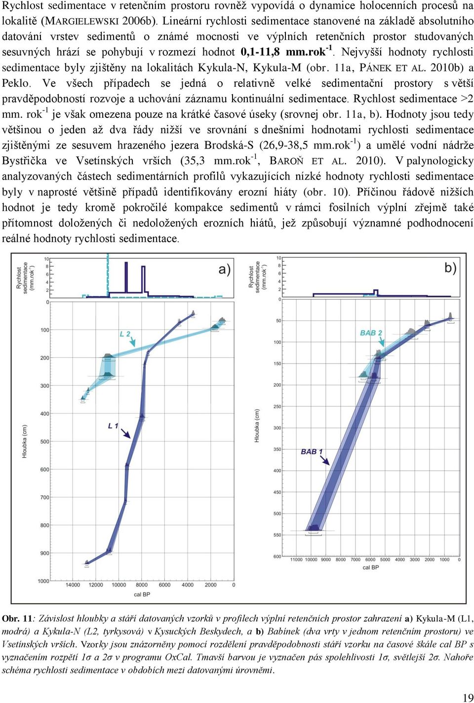 0,1-11,8 mm.rok -1. Nejvyšší hodnoty rychlosti sedimentace byly zjištěny na lokalitách Kykula-N, Kykula-M (obr. 11a, PÁNEK ET AL. 2010b) a Peklo.