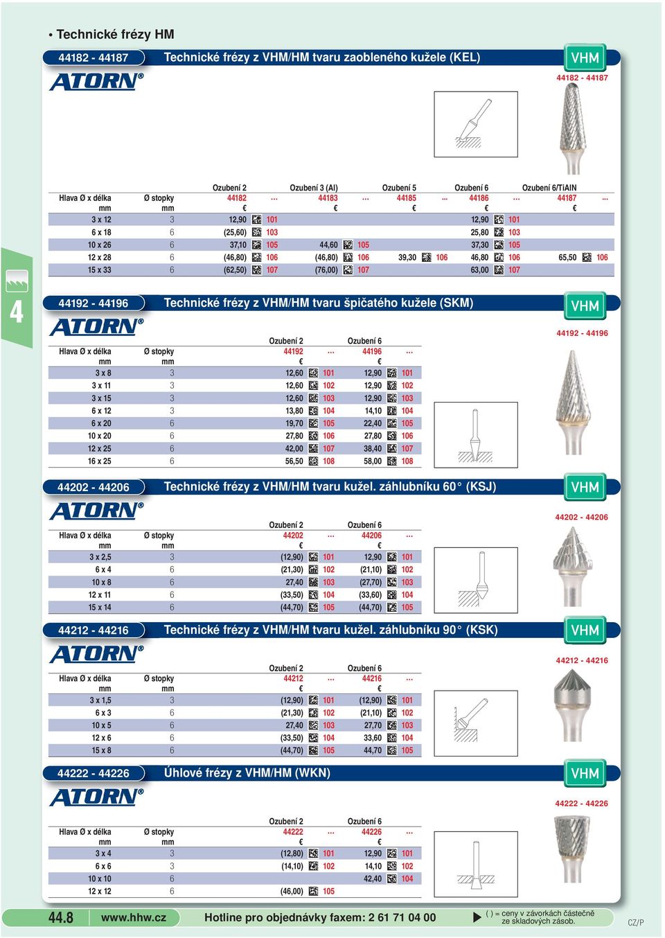63,00 107 192-196 Technické frézy z VHM/HM tvaru špičatého kužele (SKM) 0 Ozubení 2 Ozubení 6 192-196 Hlava Ø x délka Ø stopky 192 196 mm 3 x 8 3 12,60 101 12,90 101 3 x 11 3 12,60 102 12,90 102 3 x