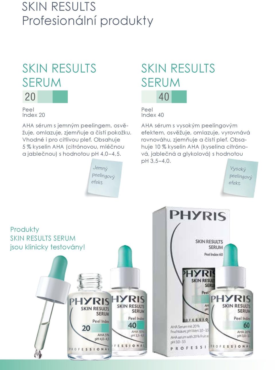 Jemný peelingový efekt SKIN RESULTS Serum 40 Peel Index 40 AHA sérum s vysokým peelingovým efektem, osvěžuje, omlazuje, vyrovnává rovnováhu,