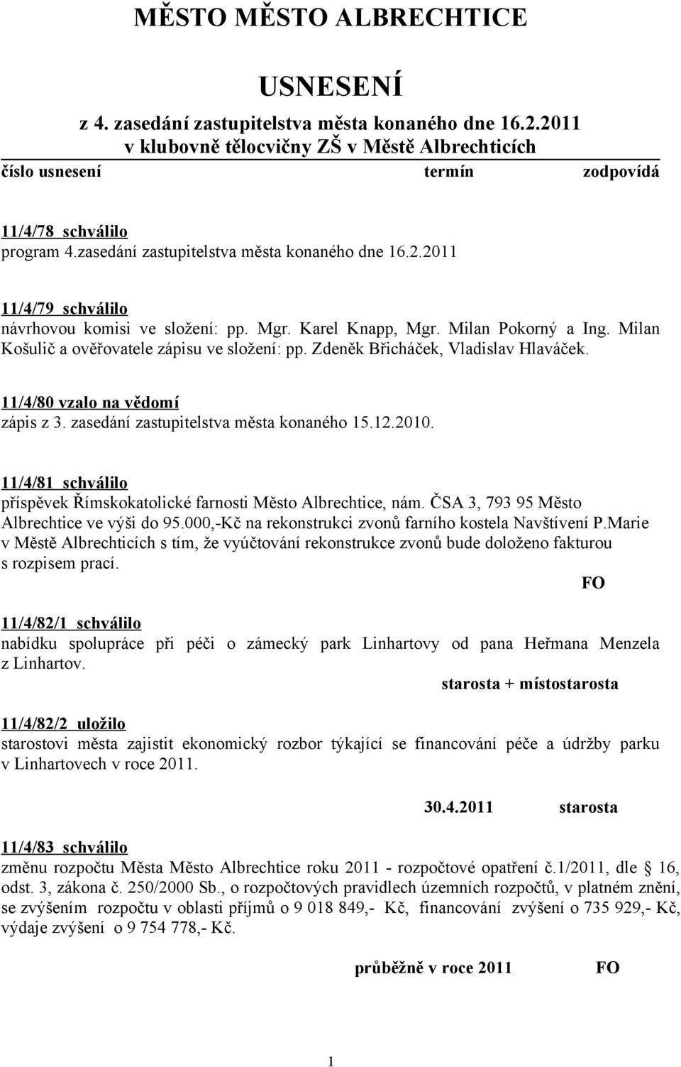 Zdeněk Břicháček, Vladislav Hlaváček. 11/4/80 vzalo na vědomí zápis z 3. zasedání zastupitelstva města konaného 15.12.2010. 11/4/81 schválilo příspěvek Římskokatolické farnosti Město Albrechtice, nám.