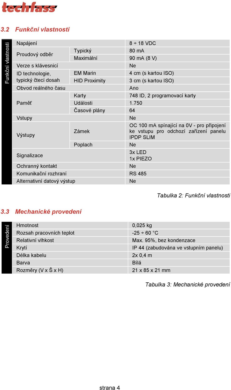 750 Časové plány 64 Zámek Poplach Ne OC 100 ma spínající na 0V - pro připojení ke vstupu pro odchozí zařízení panelu IPDP SLIM Ne 3x LED 1x PIEZO Ne Komunikační rozhraní RS 485 Alternativní datový