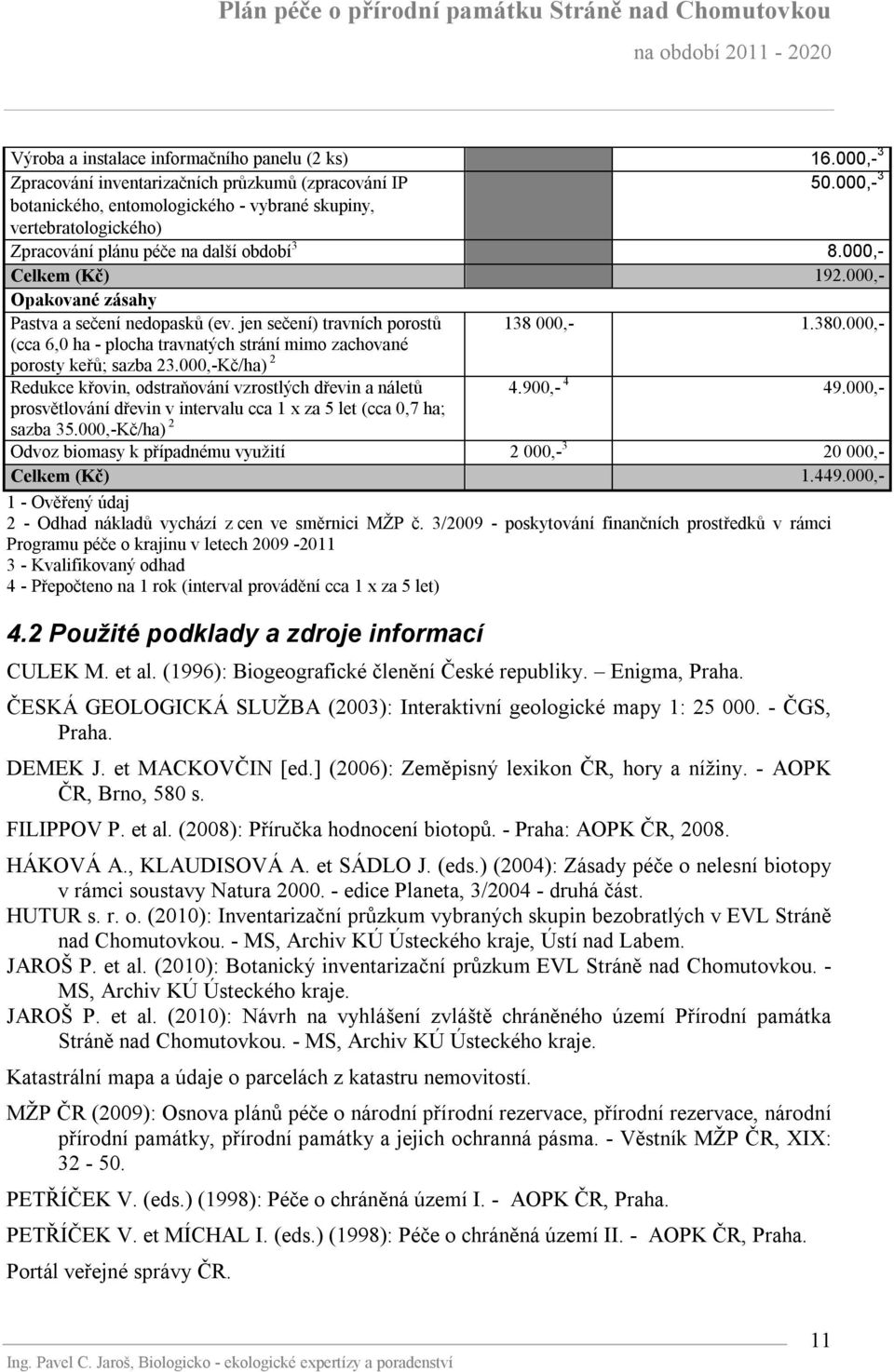 jen sečení) travních porostů 138 000,- 1.380.000,- (cca 6,0 ha - plocha travnatých strání mimo zachované porosty keřů; sazba 23.000,-Kč/ha) 2 Redukce křovin, odstraňování vzrostlých dřevin a náletů 4.