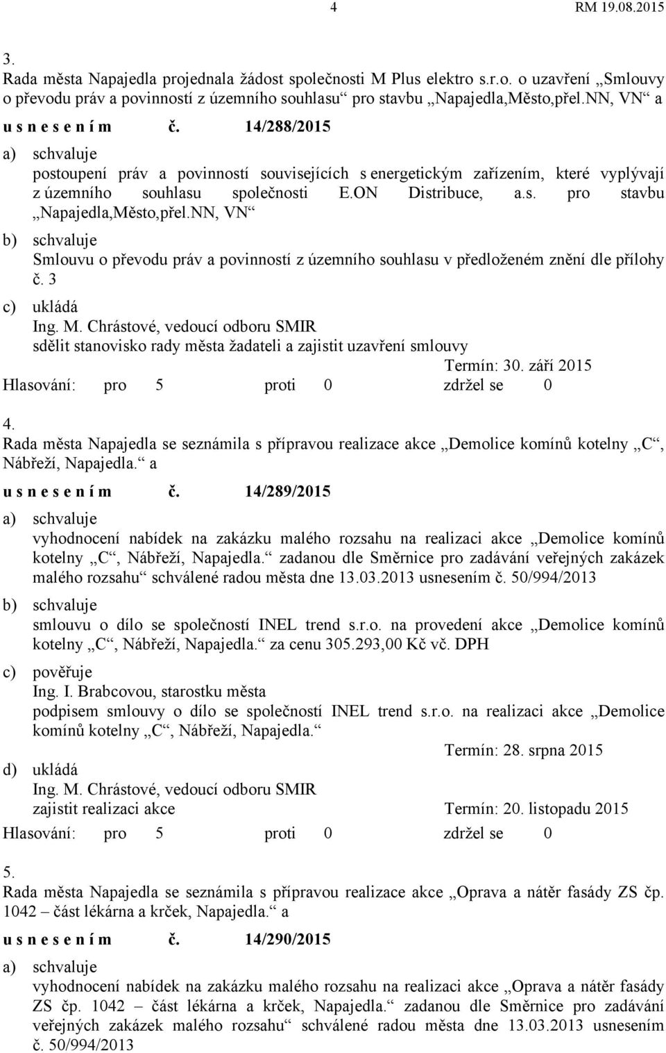 NN, VN b) schvaluje Smlouvu o převodu práv a povinností z územního souhlasu v předloženém znění dle přílohy č. 3 c) ukládá sdělit stanovisko rady města žadateli a zajistit uzavření smlouvy Termín: 30.