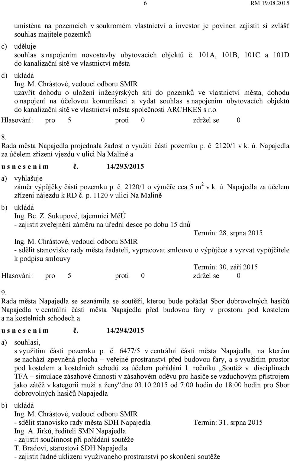 souhlas s napojením ubytovacích objektů do kanalizační sítě ve vlastnictví města společnosti ARCHKES s.r.o. 8. Rada města Napajedla projednala žádost o využití části pozemku p. č. 2120/1 v k. ú.