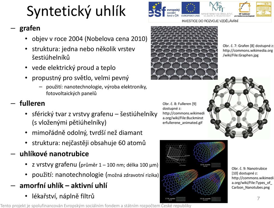 obsahuje 60 atomů uhlíkové nanotrubice Obr. č. 8: Fulleren [9] dostupné z: http://commons.wikimedi a.org/wiki/file:buckminst erfullerene_animated.gif Obr. č. 7: Grafen [8] dostupné z: http://commons.