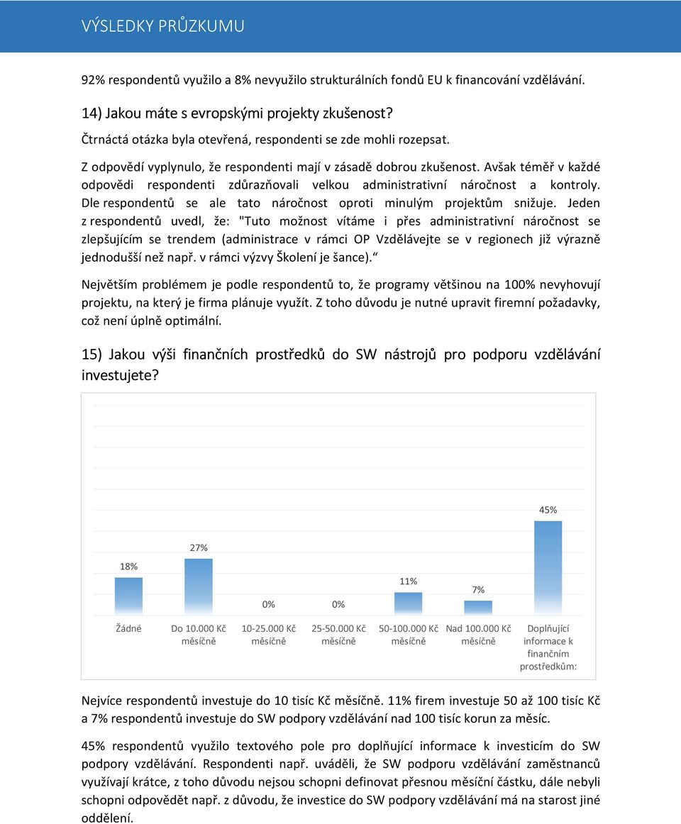 Avšak téměř v každé odpovědi respondenti zdůrazňovali velkou administrativní náročnost a kontroly. Dle respondentů se ale tato náročnost oproti minulým projektům snižuje.