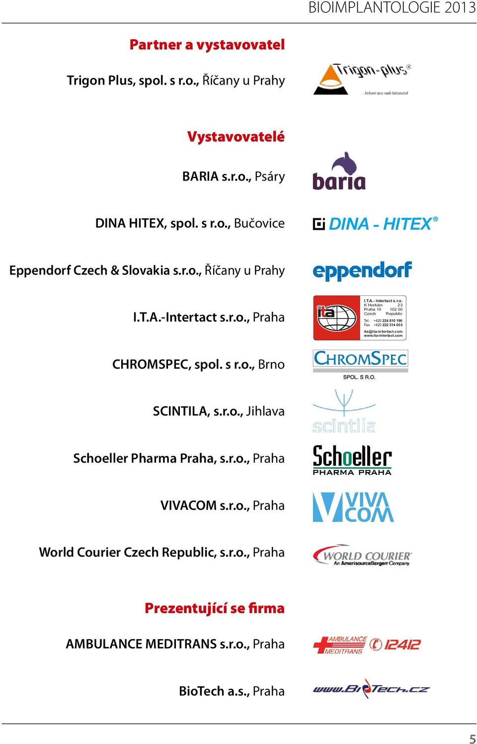 +420 224 810 196 Fax +420 222 314 055 ita@ita-intertact.com www.ita-intertact.com CHROMSPEC, spol. s r.o., Brno SCINTILA, s.r.o., Jihlava Schoeller Pharma Praha, s.