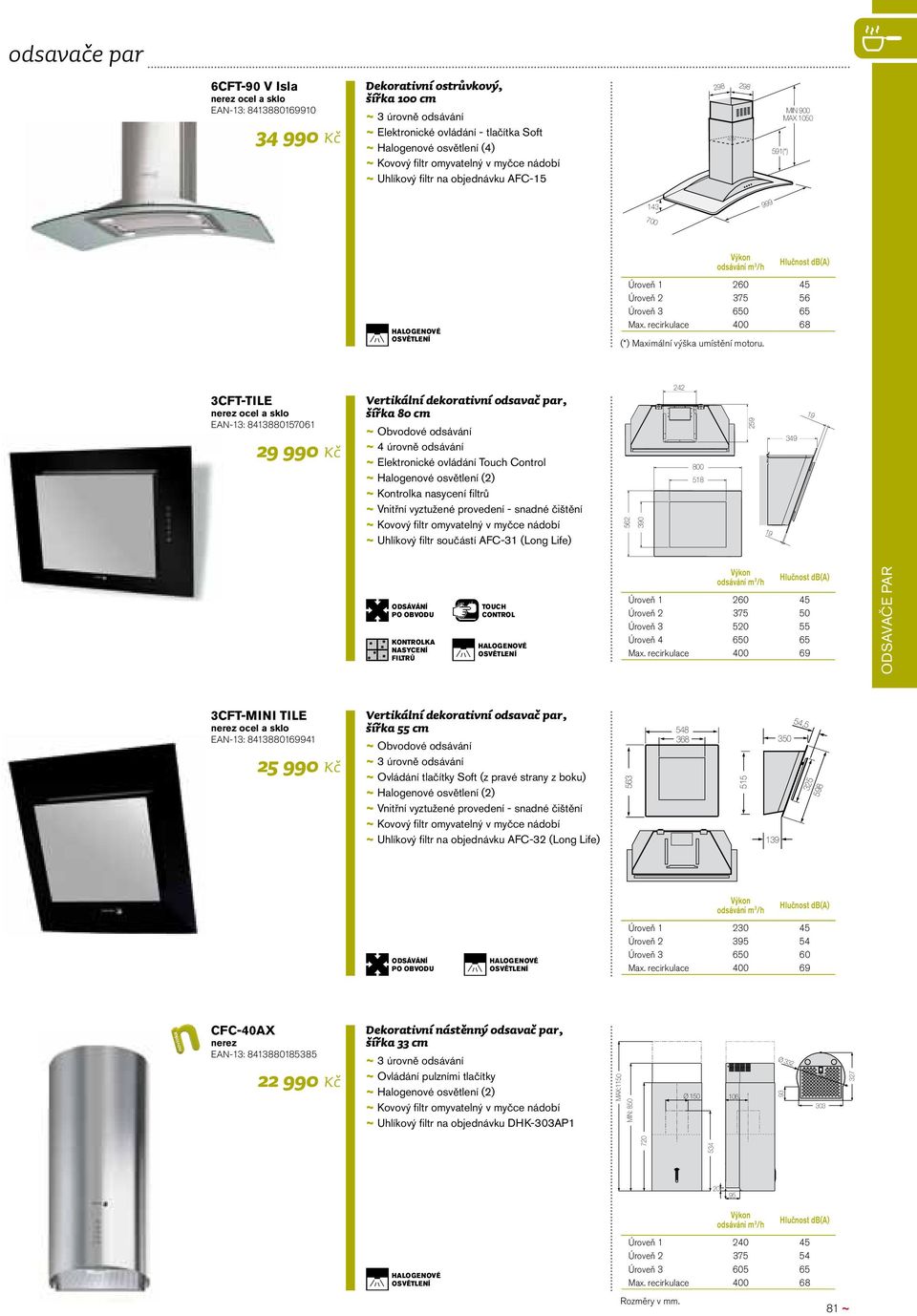 recirkulace 400 68 3CFT-TILE ocel a sklo EAN-13: 8413880157061 29 990 Kč Vertikální dekorativní odsavač par, šířka 80 cm ~ ~ Obvodové odsávání ~ ~ 4 úrovně odsávání ~ ~ Elektronické ovládání Touch