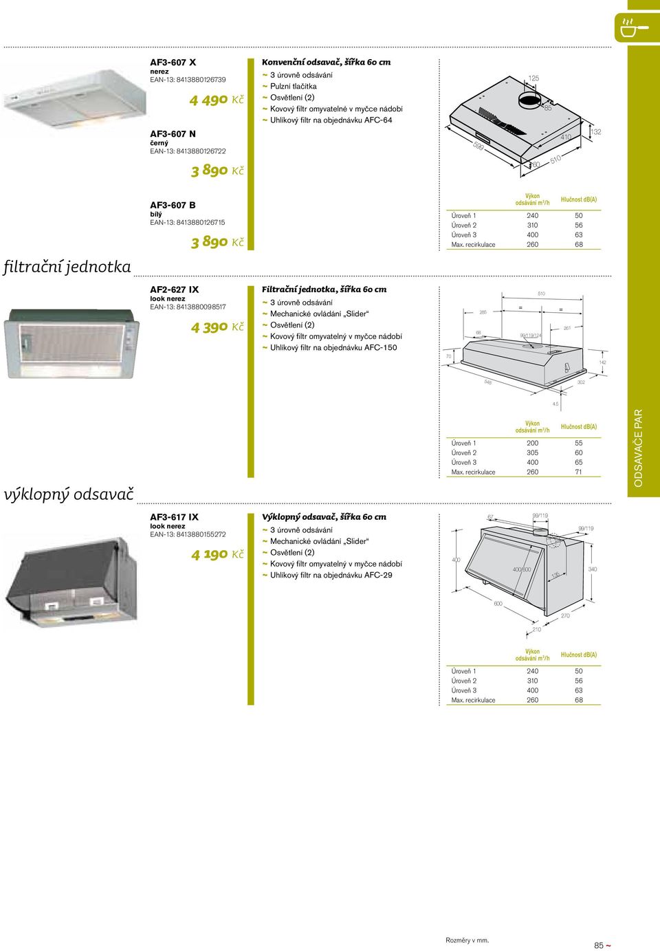 recirkulace 260 68 AF2-627 IX look EAN-13: 8413880098517 4 390 Kč Filtrační jednotka, šířka 60 cm ~ ~ Mechanické ovládání Slider ~ ~ Osvětlení (2) ~ ~ Kovový filtr omyvatelný v myčce nádobí ~ ~