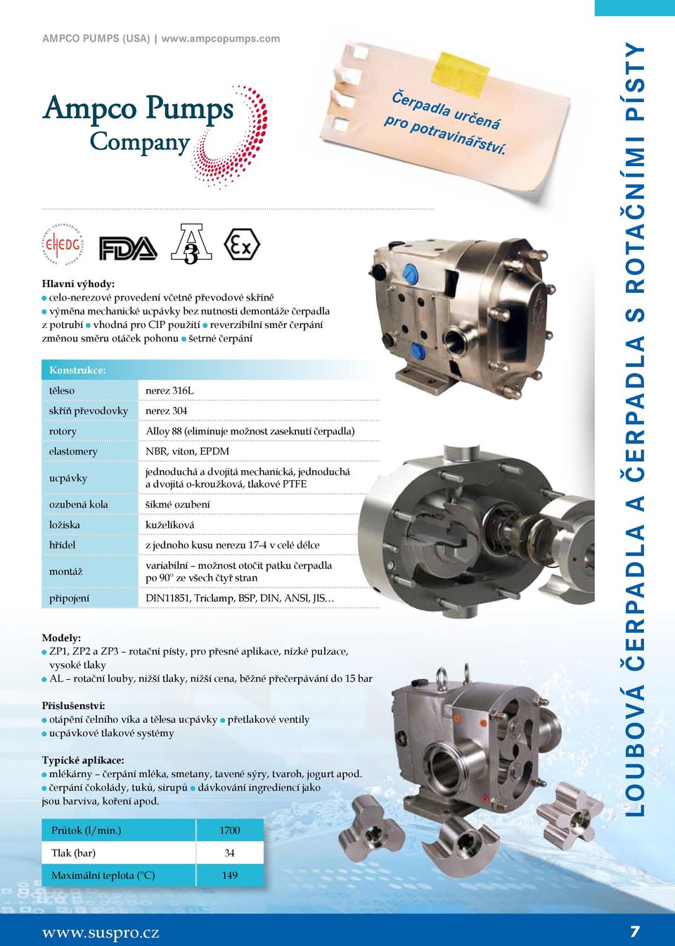 šetrné čerpání těleso nerez 316L skříň převodovky nerez 304 rotory elastomery ucpávky ozubená kola ložiska hřídel montáž připojení Alloy 88 (eliminuje možnost zaseknutí čerpadla) NBR, viton, EPDM