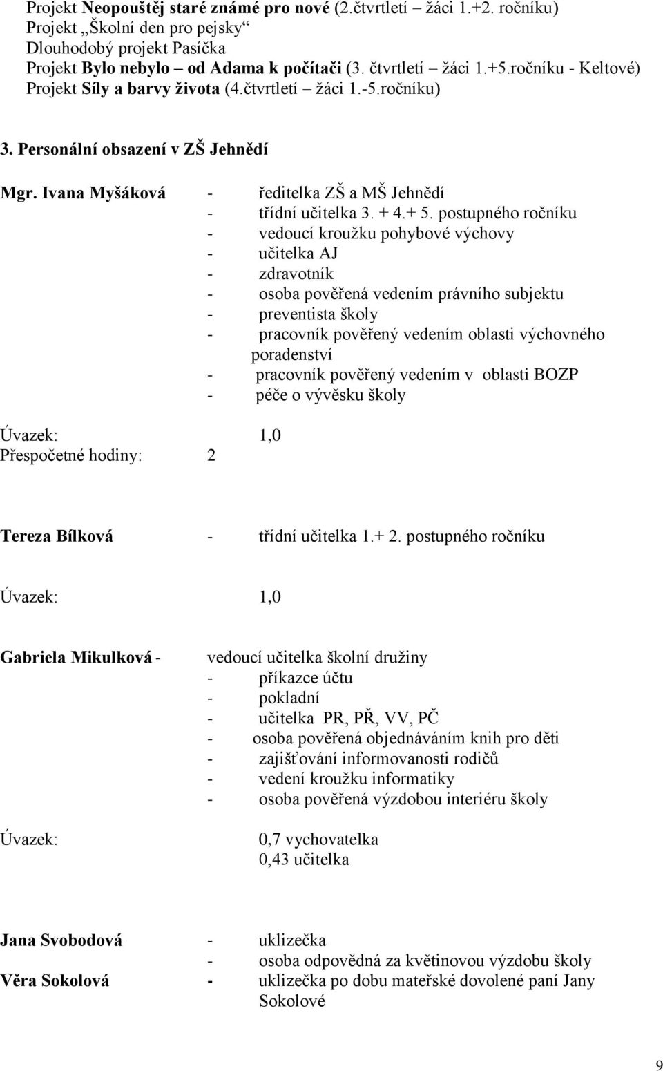 postupného ročníku - vedoucí kroužku pohybové výchovy - učitelka AJ - zdravotník - osoba pověřená vedením právního subjektu - preventista školy - pracovník pověřený vedením oblasti výchovného