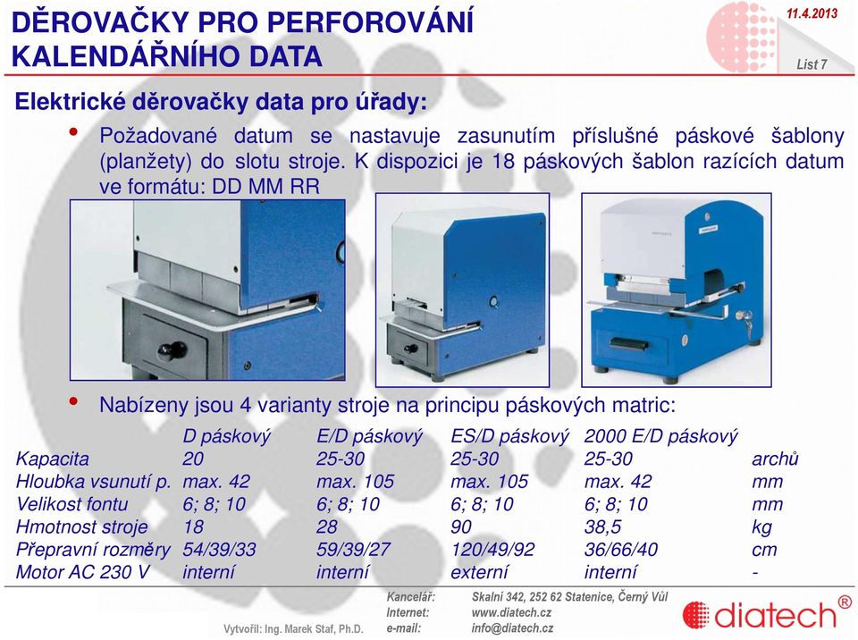 K dispozici je 18 páskových šablon razících datum ve formátu: DD MM RR List 7 Nabízeny jsou 4 varianty stroje na principu páskových matric: D páskový E/D páskový