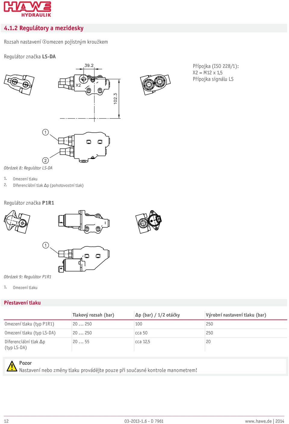 Omezení tlaku Přestavení tlaku Tlakový rozsah (bar) Δp (bar) / 1/2 otáčky Výrobní nastavení tlaku (bar) Omezení tlaku (typ P1R1) 20.