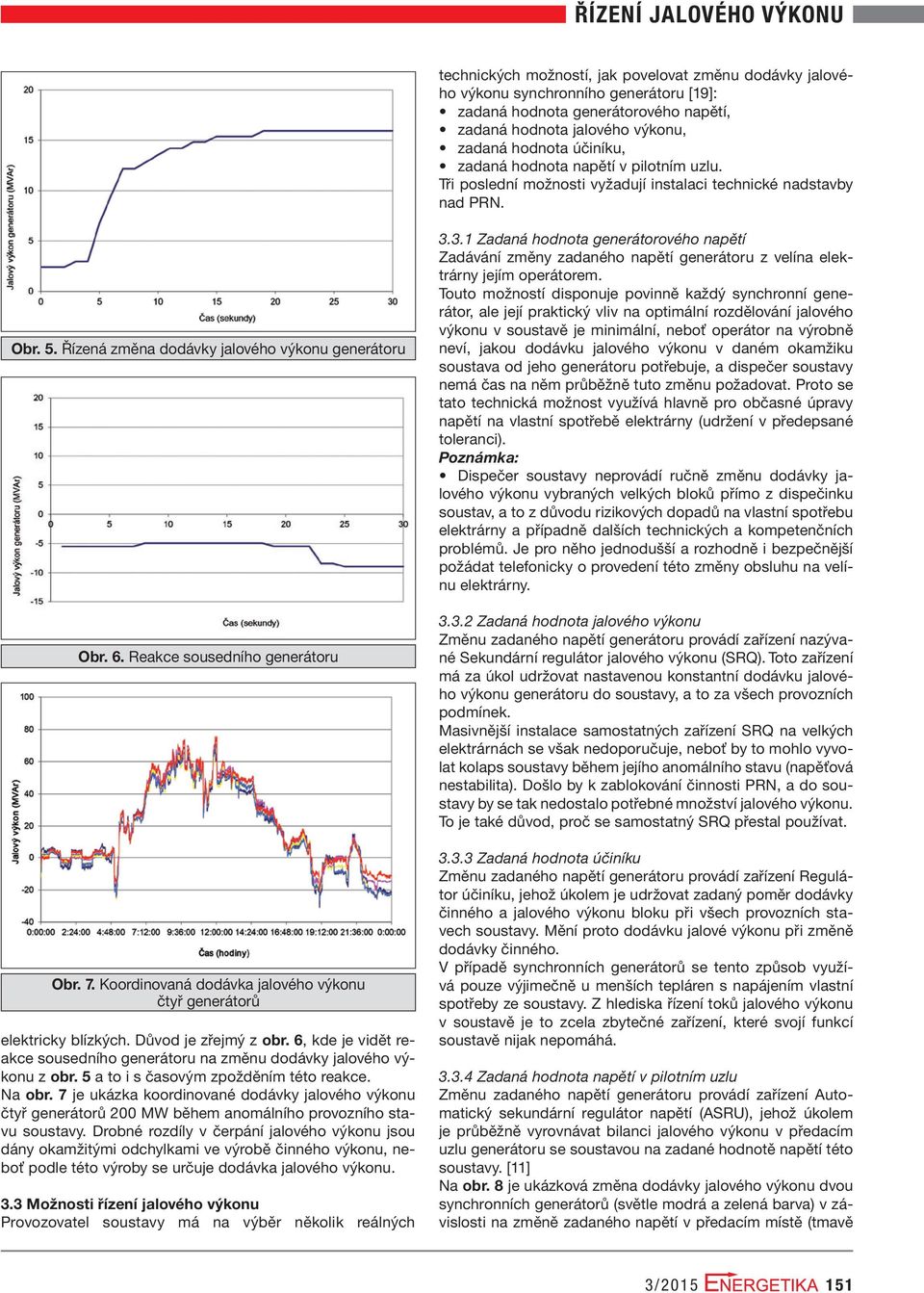 7. Koordinovaná dodávka jalového výkonu čtyř generátorů elektricky blízkých. Důvod je zřejmý z obr. 6, kde je vidět reakce sousedního generátoru na změnu dodávky jalového výkonu z obr.