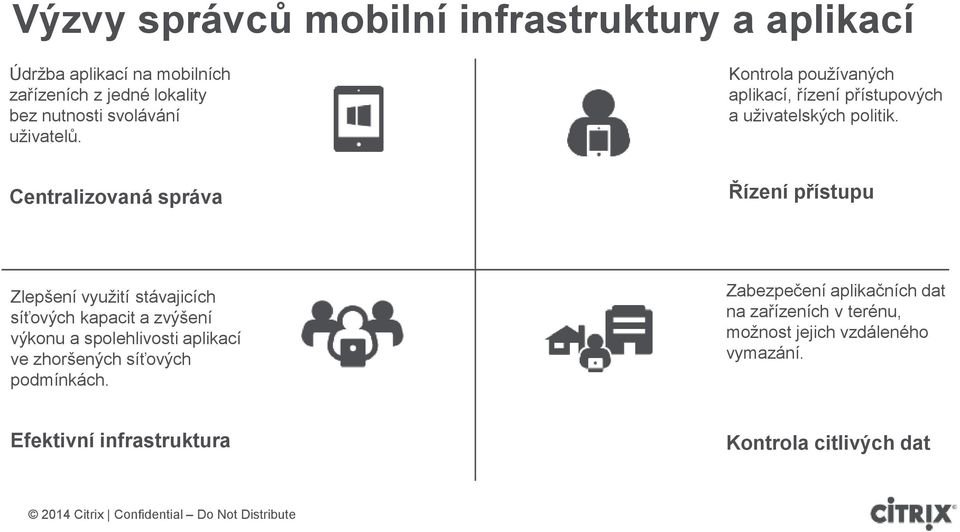 Centralizovaná správa Řízení přístupu Zlepšení využití stávajicích síťových kapacit a zvýšení výkonu a spolehlivosti aplikací